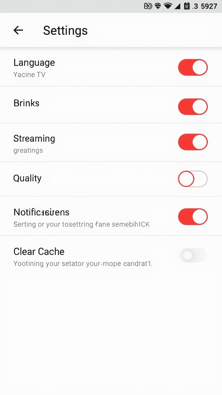 Settings menu in Yacine TV